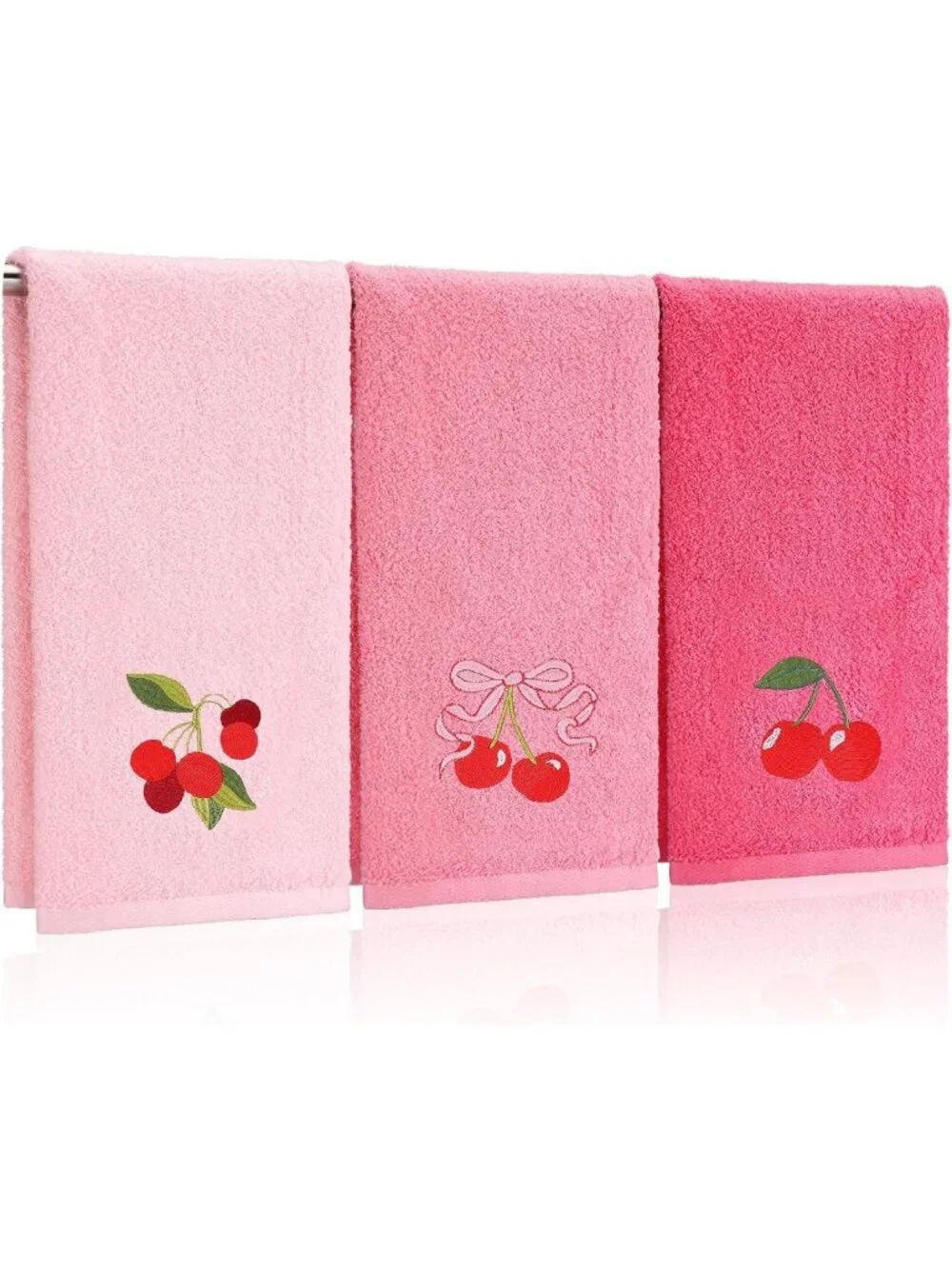 Set of 3 Cherry Hand Towels - Soft Cotton, Embroidered, Pink Bow, Spring Decor